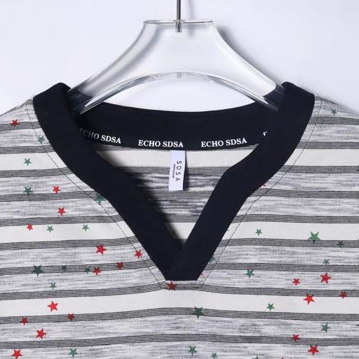 T3314夏季高级感新款韩系撞色条纹短袖T恤彩色星星印花百搭V领宽松上衣 商品图2