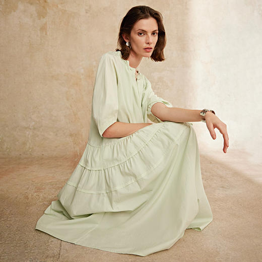 天丝棉日常通勤灯笼袖领口抽绳大裙摆连衣裙2025夏 商品图2