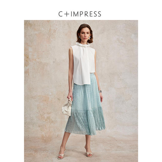 C+IMPRESS/西嘉原创设计 欧若风仿真丝光泽感半身裙女夏百褶A字裙BQ2502090 商品图2