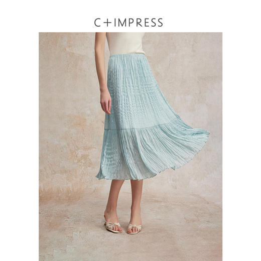 C+IMPRESS/西嘉原创设计 欧若风仿真丝光泽感半身裙女夏百褶A字裙BQ2502090 商品图1
