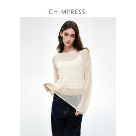C+IMPRESS/西嘉桑蚕丝和纸纱宽松休闲镂空针织防晒罩衫女长袖上衣T2502046