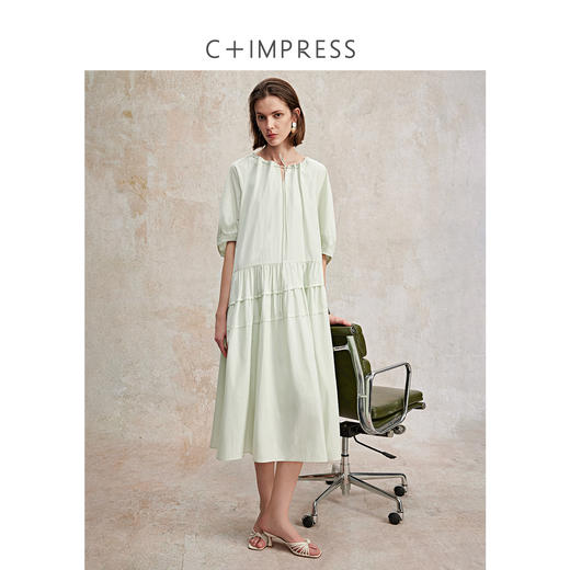 天丝棉日常通勤灯笼袖领口抽绳大裙摆连衣裙2025夏 商品图1