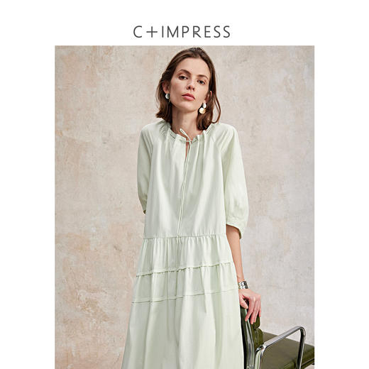 天丝棉日常通勤灯笼袖领口抽绳大裙摆连衣裙2025夏 商品图3