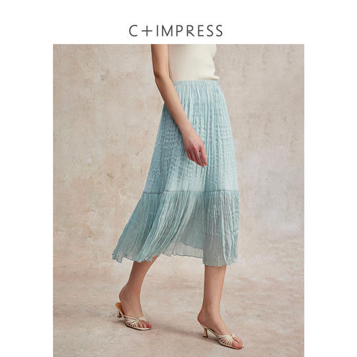 C+IMPRESS/西嘉原创设计 欧若风仿真丝光泽感半身裙女夏百褶A字裙BQ2502090 商品图0