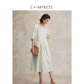 天丝棉日常通勤灯笼袖领口抽绳大裙摆连衣裙2025夏