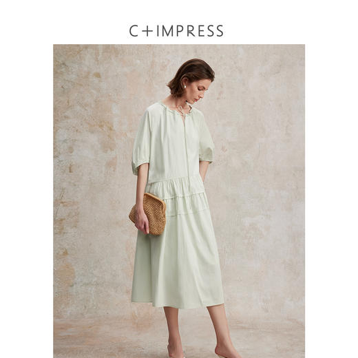 天丝棉日常通勤灯笼袖领口抽绳大裙摆连衣裙2025夏 商品图0