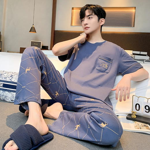自然醒浮云家居服睡衣男士夏季100%纯棉薄款短袖长裤可外穿宽松大码家居服套装QH 商品图4