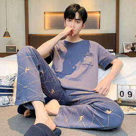 【春夏上新】自然醒浮云家居服睡衣男士夏季100%纯棉薄款短袖长裤可外穿宽松大码家居服套装QH
