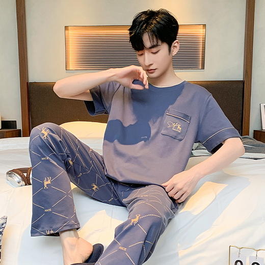 自然醒浮云家居服睡衣男士夏季100%纯棉薄款短袖长裤可外穿宽松大码家居服套装QH 商品图9