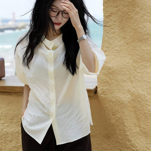 LONGNVFAIR | 微皱苎天丝肌理感凉感荡领衬衣 微皱立体肌理 柔软飘逸 慵懒高级 商品图1