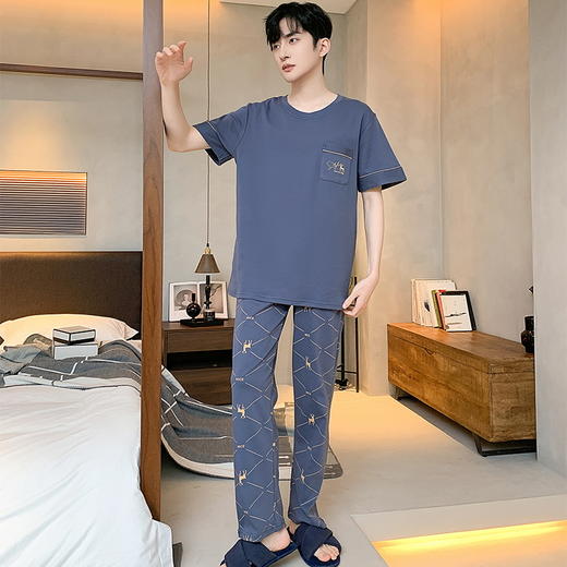 自然醒浮云家居服睡衣男士夏季100%纯棉薄款短袖长裤可外穿宽松大码家居服套装QH 商品图11