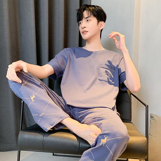 自然醒浮云家居服睡衣男士夏季100%纯棉薄款短袖长裤可外穿宽松大码家居服套装QH 商品图7