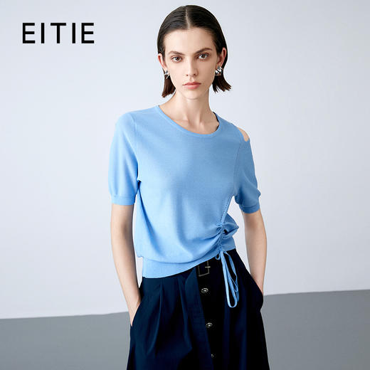 EITIE爱特爱夏季新款设计感镂空修身显瘦舒适百搭纯色短袖抽绳针织衫7801505 商品图0