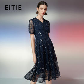 EITIE爱特爱夏季新款a字显瘦通勤气质V领优雅蕾丝连衣裙7807570
