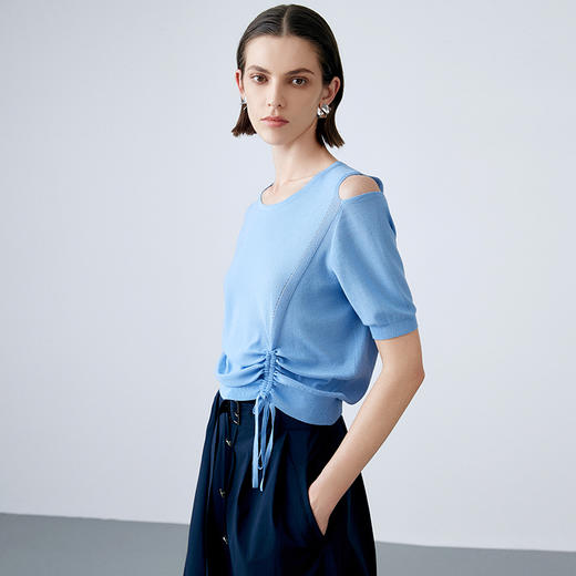 EITIE爱特爱夏季新款设计感镂空修身显瘦舒适百搭纯色短袖抽绳针织衫7801505 商品图2