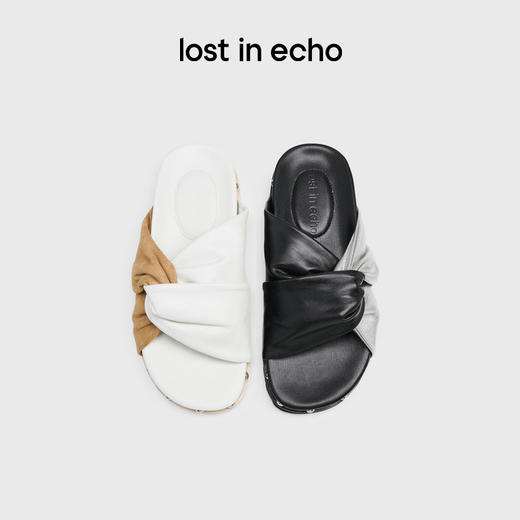 [福利价]lost in echo2025春夏新款时尚皱皮拼色扭结铆钉真皮勃肯拖鞋女 商品图0