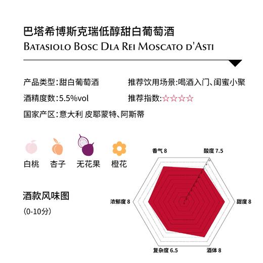 【损标清仓 不退不换】巴塔希博斯克瑞低醇甜白葡萄酒	"Batasiolo Bosc Dla Rei Moscato d'Asti 21/22年份随机  损标产品拍下后不退不换！ 介意勿拍哦 商品图1