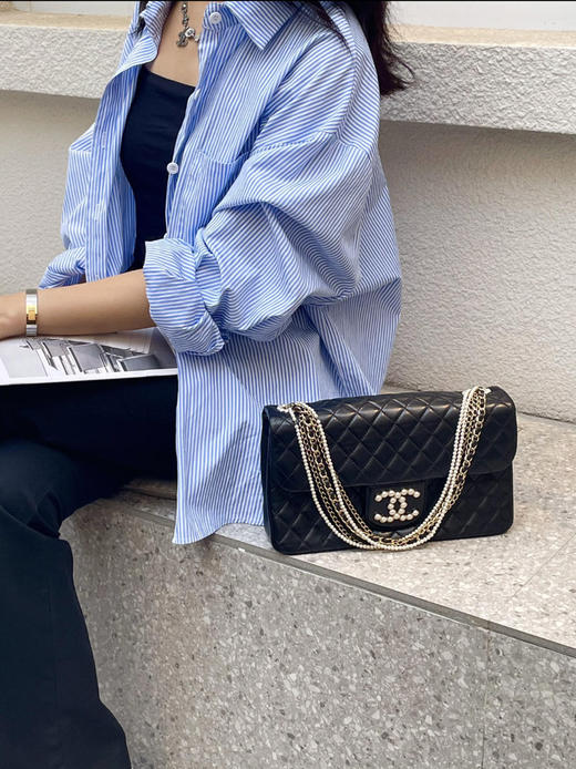 Chanel 黑色 羊皮 珍珠链条 威斯敏斯特 手提包 商品图3