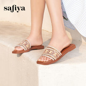 Safiya/索菲娅2025波西米亚时尚休闲平底配裙子外穿沙滩拖鞋SFD2110M64/SFD2110364
