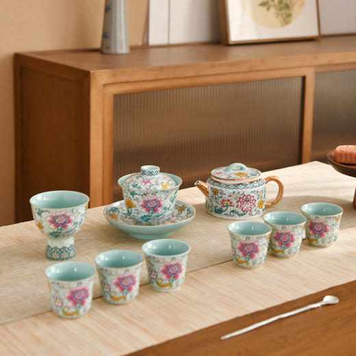 成艺优选珐琅莲韵国潮风陶瓷功夫茶具家用商务送礼高档礼品套组成艺珐琅莲韵全组9入(蓝) 商品图0