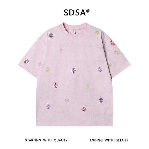 T3214夏季高级感新款韩系细闪彩色十字刺绣圆领短袖T恤百搭简约上衣 商品图1