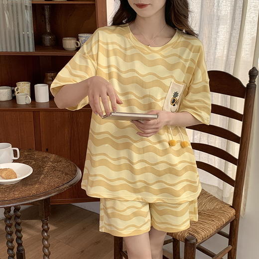 自然醒花雨睡衣女夏季牛奶丝短袖短裤长裤韩版ins风条纹卡通学生可外穿家居服套装QH 商品图4