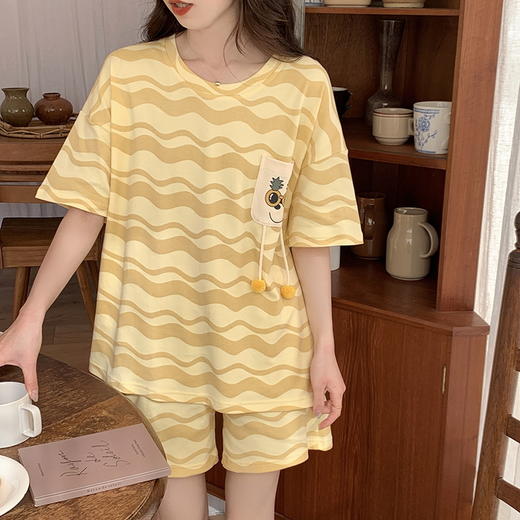 自然醒花雨睡衣女夏季牛奶丝短袖短裤长裤韩版ins风条纹卡通学生可外穿家居服套装QH 商品图7