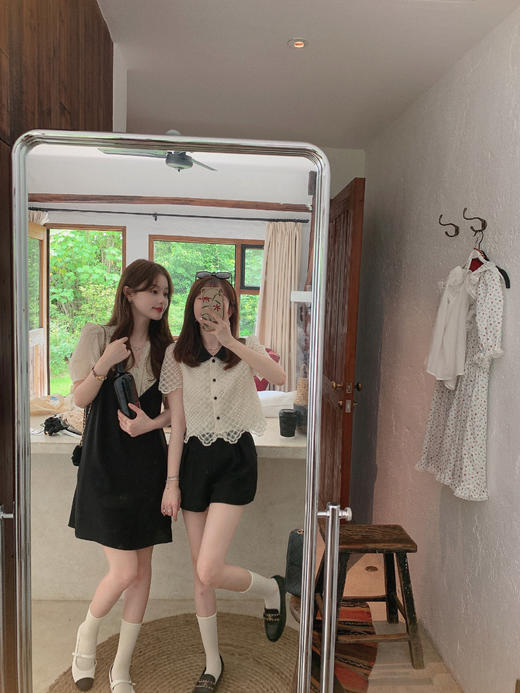 金蘑菇菇【曼哈顿日落】黑白复古甜美刺绣设计感连衣裙少女两件套 商品图3