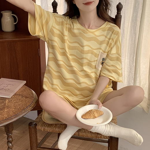 自然醒花雨睡衣女夏季牛奶丝短袖短裤长裤韩版ins风条纹卡通学生可外穿家居服套装QH 商品图6