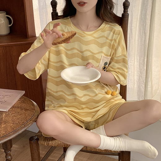 自然醒花雨睡衣女夏季牛奶丝短袖短裤长裤韩版ins风条纹卡通学生可外穿家居服套装QH 商品图5