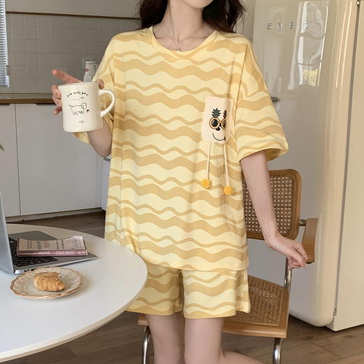 自然醒花雨睡衣女夏季牛奶丝短袖短裤长裤韩版ins风条纹卡通学生可外穿家居服套装QH 商品图0