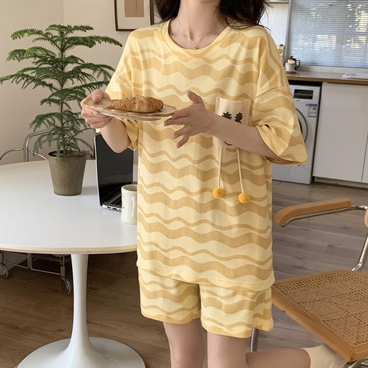 自然醒花雨睡衣女夏季牛奶丝短袖短裤长裤韩版ins风条纹卡通学生可外穿家居服套装QH 商品图1