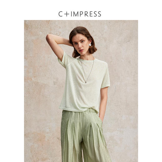 大圆领后中拼缝苎麻短袖T恤T2502094 商品图0