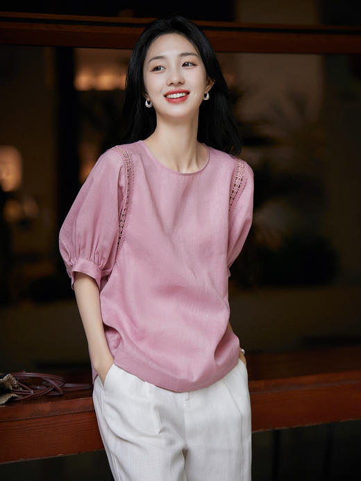 【桃之夭夭】 舒适透气呼吸感亚麻桃夭粉灯笼袖小衫 商品图0