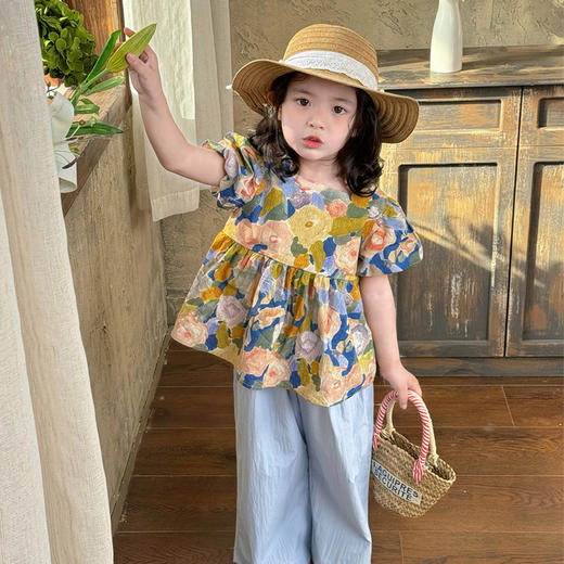 【39.9元/套起】女童纯棉套装泡泡袖A字版上衣+山本裤套装纯棉短袖短裤套装蕾丝花边套装夏季洋气套装 商品图4