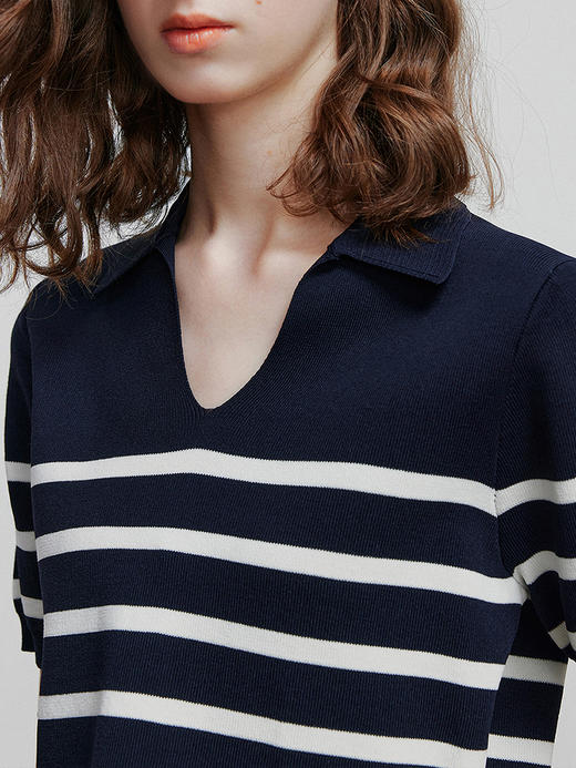 初语POLO领条纹针织衫女2025夏季新款休闲百搭轻薄短袖上衣 商品图3