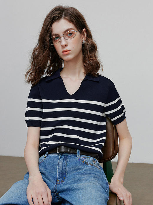初语POLO领条纹针织衫女2025夏季新款休闲百搭轻薄短袖上衣 商品图1