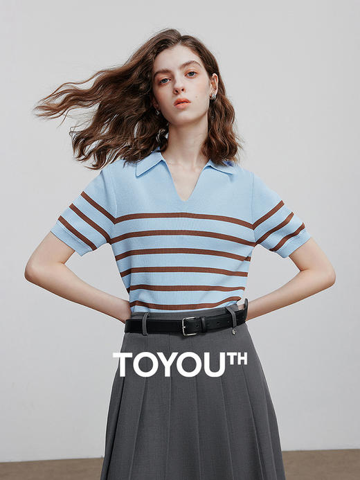 初语POLO领条纹针织衫女2025夏季新款休闲百搭轻薄短袖上衣 商品图0