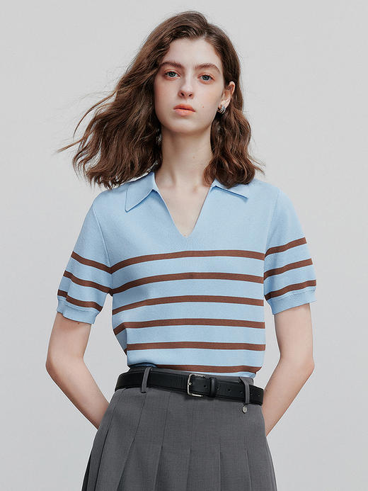 初语POLO领条纹针织衫女2025夏季新款休闲百搭轻薄短袖上衣 商品图2