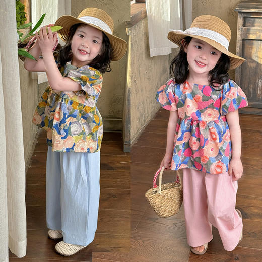 【39.9元/套起】女童纯棉套装泡泡袖A字版上衣+山本裤套装纯棉短袖短裤套装蕾丝花边套装夏季洋气套装 商品图0