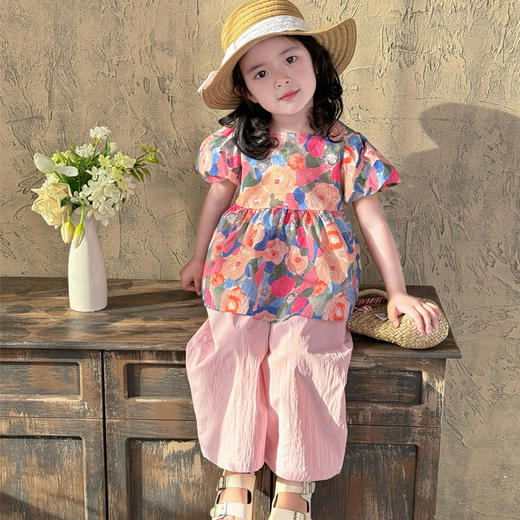 【39.9元/套起】女童纯棉套装泡泡袖A字版上衣+山本裤套装纯棉短袖短裤套装蕾丝花边套装夏季洋气套装 商品图1