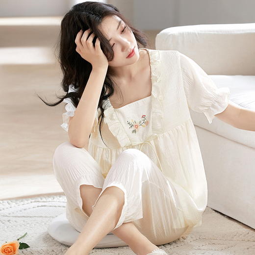 自然醒月坞云朵棉睡衣女夏季（带胸垫）短袖七分裤可外穿夏天甜美家居服套装QH 商品图13