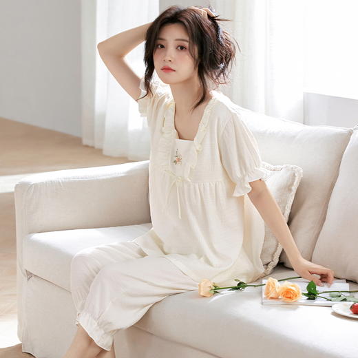 自然醒月坞云朵棉睡衣女夏季（带胸垫）短袖七分裤可外穿夏天甜美家居服套装QH 商品图8