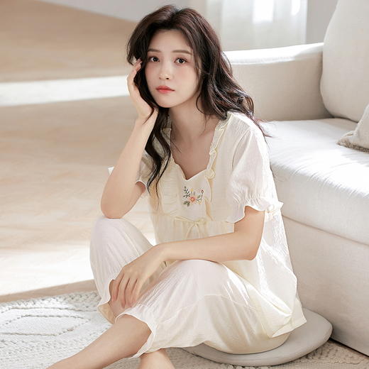 自然醒月坞云朵棉睡衣女夏季（带胸垫）短袖七分裤可外穿夏天甜美家居服套装QH 商品图9