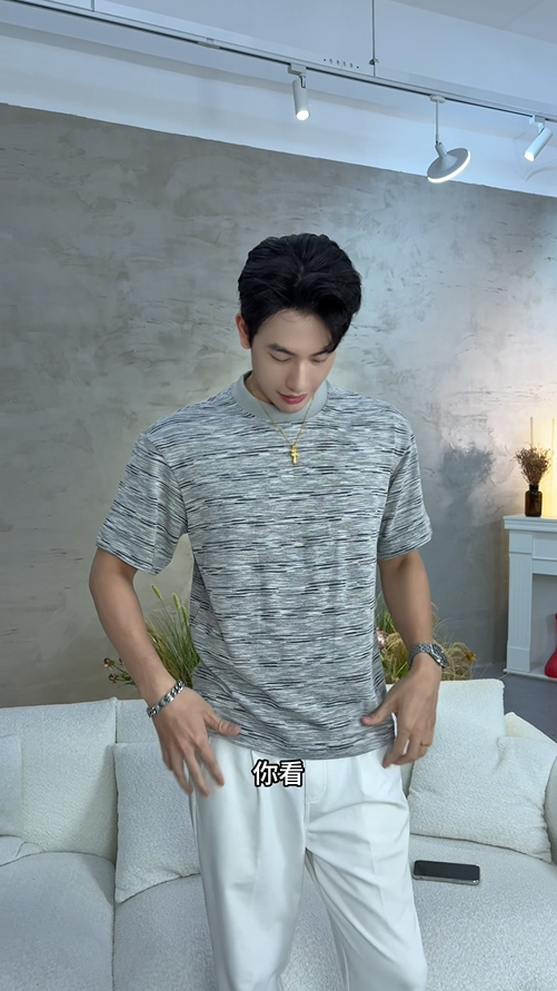 T3397夏季高级感新款韩版竹节条纹圆领短袖T恤晕染百搭套头宽松上衣