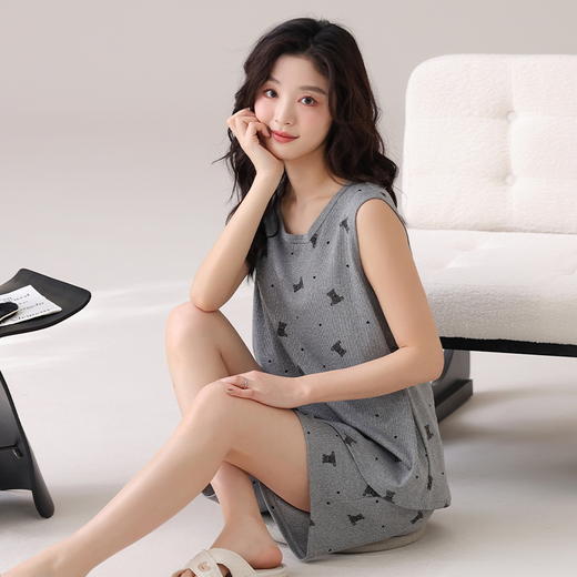 自然醒墨晨睡衣女夏季冰丝（带胸垫）背心短裤无袖薄款女生套头家居服套装QH 商品图11