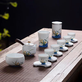 【特惠6折】高温白瓷兰花品茗杯陶瓷茶杯功夫茶具男主人杯手绘盖碗茶壶茶配件成艺兰有香缘心侧把壶16入