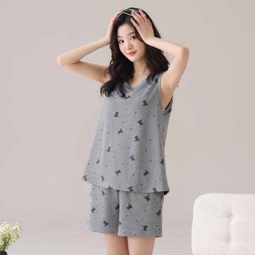 自然醒墨晨睡衣女夏季冰丝（带胸垫）背心短裤无袖薄款女生套头家居服套装QH 商品图3