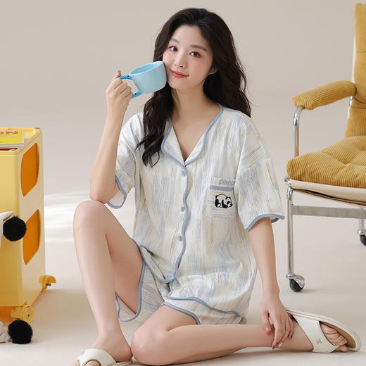 自然醒香韵冰丝睡衣女夏季（带胸垫）开衫短袖短裤套装女家居服可外穿QH 商品图12