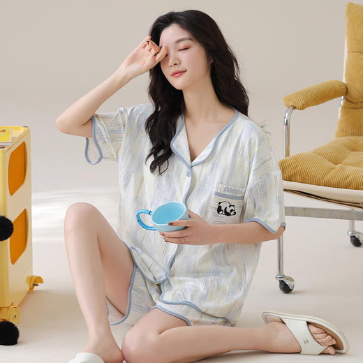 自然醒香韵冰丝睡衣女夏季（带胸垫）开衫短袖短裤套装女家居服可外穿QH 商品图13